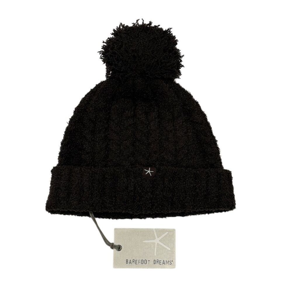 Barefoot Dreams CozyChic Womens Cable Beanie Hat Pom Pom Brown OS Luxury Winter